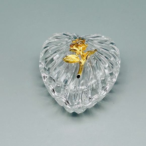 Vintage Italian “Courtenay” Heart Shaped Gold Rose Accented Crystal Trinket Box - Picture 2 of 8